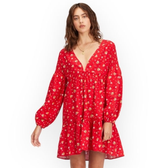 Billabong Dresses & Skirts - BILLABONG Wrangler Red Floral Dress Long Sleeve Mini Ditsy Flower Babydoll S NWT